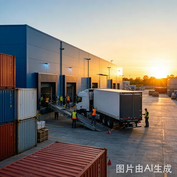 Modern logistics hub with trucks loading at dock doors during golden hour