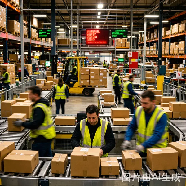 Busy warehouse fulfillment center during peak holiday season